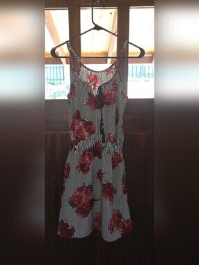 Speed Control Black & White Striped Midi Dress with Red Rose Print